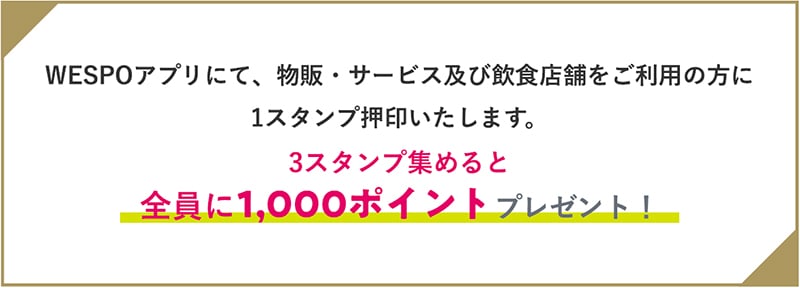 WESPOアプリにて、物販・サービス及び飲食店舗をご利用の方に1スタンプ押印いたします。3スタンプ集めると全員に1,000ポイントプレゼント！